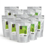 Ten silver stand-up pouches of Matcha  arranged in two rows on a white background.