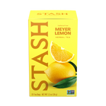 A box of Stash Meyer Lemon Herbal Tea, featuring a bright yellow packaging design with a large vertical Stash logo, a lemon slice, and a whole lemon with green leaves on the front, set against a plain white background.