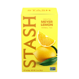 A box of Stash Meyer Lemon Herbal Tea, featuring a bright yellow packaging design with a large vertical Stash logo, a lemon slice, and a whole lemon with green leaves on the front, set against a plain white background.