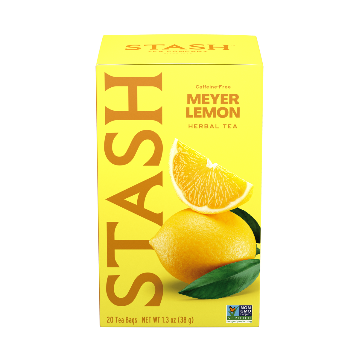 A box of Stash Meyer Lemon Herbal Tea, featuring a bright yellow packaging design with a large vertical Stash logo, a lemon slice, and a whole lemon with green leaves on the front, set against a plain white background.