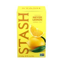 A box of Stash Meyer Lemon Herbal Tea, featuring a bright yellow packaging design with a large vertical Stash logo, a lemon slice, and a whole lemon with green leaves on the front, set against a plain white background.